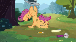 Size: 480x270 | Tagged: safe, screencap, scootaloo, g4, ponyville confidential, animated, female, flapping, hat, hub logo, hubble, pencil, scootaloo can't fly, solo