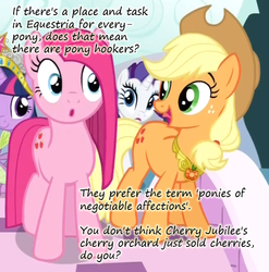 Size: 546x552 | Tagged: safe, edit, edited screencap, screencap, applejack, cherry jubilee, pinkie pie, rarity, spike, twilight sparkle, earth pony, pony, unicorn, g4, big crown thingy, caption, cherry, element of honesty, female, implied prostitution, insane pony thread, madame jubilee, mare, pinkamena diane pie, swapped cutie marks, tumblr