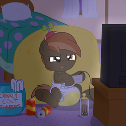 Size: 1500x1500 | Tagged: safe, artist:fillyscoots42, button mash, pony, g4, bottle, button, chocolate, chocolate milk, cute, diaper, diaper fetish, female, filly, gaming, male, milk, nintendo, non-baby in diaper, peeing in diaper, pissing, poofy diaper, soda, soda can, solo, television, urine, wet diaper, young