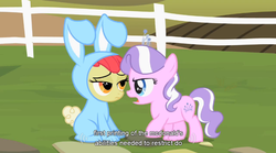 Size: 853x475 | Tagged: safe, screencap, apple bloom, diamond tiara, family appreciation day, g4, my little pony: friendship is magic, bunny bloom, bunny costume, clothes, mcdonald's, youtube caption