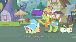 Size: 854x474 | Tagged: safe, screencap, apple bloom, granny smith, family appreciation day, g4, bonnet, hat, youtube caption