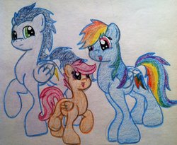 Size: 1024x839 | Tagged: safe, artist:dreamyeevee, rainbow dash, scootaloo, soarin', g4, adopted offspring, chibi, female, male, parent:rainbow dash, parent:soarin', parents:soarindash, scootadoption, ship:soarindash, shipping, straight, traditional art