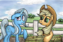 Size: 2700x1800 | Tagged: safe, artist:ddomius, applejack, trixie, g4, fence