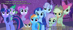 Size: 1333x559 | Tagged: safe, apple bloom, applejack, fluttershy, pinkie pie, rainbow dash, rarity, scootaloo, spike, sweetie belle, twilight sparkle, g4, cutie mark crusaders, mane seven, pink floyd, song in the comments, song reference, the dark side of the moon, vector