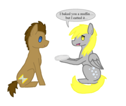 Size: 971x823 | Tagged: safe, artist:dragongirl2418, derpy hooves, doctor whooves, time turner, pegasus, pony, g4, female, mare, plate, simple background, speech bubble, transparent background