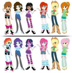 Size: 932x936 | Tagged: safe, artist:sakurablitz, applejack, fluttershy, pinkie pie, rainbow dash, rarity, twilight sparkle, equestria girls, g4, bandage, bandaid, bandana, belly button, boots, bow, cleavage, clothes, dress, eqg promo pose set, female, fishnet stockings, glasses, headband, high heels, human coloration, humanized, jeans, mane six, mary janes, midriff, natural hair color, necklace, redesign, roller skates, sandals, scar, shorts, simple background, skates, skirt, suspenders, tank top, thigh highs, transparent background