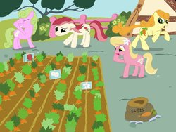 Size: 1024x768 | Tagged: safe, artist:almond-rose, carrot top, daisy, flower wishes, golden harvest, lily, lily valley, roseluck, g4, bag, flower trio, garden, prank, running, upset