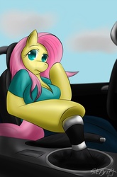 Size: 1000x1516 | Tagged: safe, artist:sikdrift, fluttershy, anthro, g4, arm hooves, breasts, busty fluttershy, car, car interior, cleavage, driving, female, solo