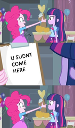 Size: 413x700 | Tagged: safe, edit, edited screencap, screencap, pinkie pie, twilight sparkle, equestria girls, g4, my little pony equestria girls, balloon, clipboard, comic, duo, half life full life consequences, half-life, heart balloon, meme, pinkie's clipboard, screencap comic, someons writing