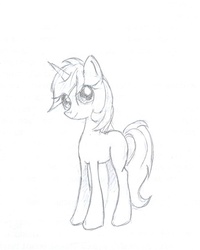 Size: 1159x1447 | Tagged: safe, artist:sigmanas, lyra heartstrings, pony, unicorn, g4, female, grayscale, missing cutie mark, monochrome, pencil drawing, simple background, sketch, smiling, solo, traditional art, white background