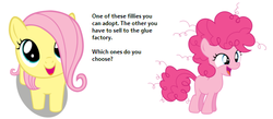 Size: 576x250 | Tagged: safe, fluttershy, pinkie pie, g4, bronybait, cute, filly, glue factory, implied death, text