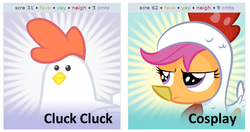 Size: 536x283 | Tagged: safe, scootaloo, chicken, g4, exploitable meme, juxtaposition, juxtaposition win, scootachicken, spoilered image joke