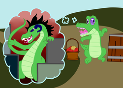 Size: 1024x735 | Tagged: safe, artist:roboponylove, gummy, dragon, kaiju, g4, dream, muffin, sweet apple acres, thought bubble