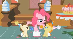 Size: 638x348 | Tagged: safe, screencap, pinkie pie, pound cake, pumpkin cake, baby cakes, g4, baby, baby pony, bedroom eyes, cake, diaper, diapered, diapered colt, diapered filly, diapered foals, noisemakers, one month old colt, one month old filly, one month old foals, out of context, party hats, party horns, sugarcube corner, white diapers
