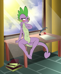Size: 2452x2994 | Tagged: safe, artist:v-d-k, spike, g4, apple, barb, blushing, book, desk, quill, rule 63, solo