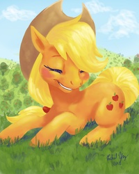 Size: 2400x3000 | Tagged: safe, artist:distraction-number-4, applejack, g4, female, grass, prone, smiling, solo