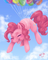 Size: 2400x3000 | Tagged: safe, artist:distraction-number-4, pinkie pie, g4, balloon, female, flying, solo, then watch her balloons lift her up to the sky