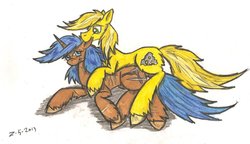 Size: 1024x591 | Tagged: safe, artist:zubias, oc, oc only, fallout equestria, cuddling, ear bite, traditional art
