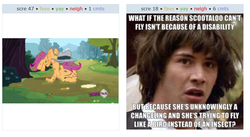 Size: 868x477 | Tagged: safe, scootaloo, g4, conspiracy keanu, exploitable meme, juxtaposition, juxtaposition win, meme, scootaloo can't fly