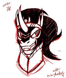 Size: 824x969 | Tagged: safe, artist:mickeymonster, king sombra, pony, unicorn, g4, antagonist, bust, crystal empire, curved horn, fangs, grin, horn, male, signature, sketch, stallion