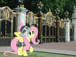 Size: 1023x767 | Tagged: safe, artist:paris7500, artist:vladimirmacholzraum, fluttershy, private pansy, g4, armor, armor skirt, buckingham palace, column, driveway, female, gate, guard, mare, ornament, ponies in real life, skirt, solo, spear, spread wings, vector, weapon, wings