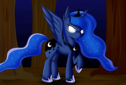 Size: 2000x1360 | Tagged: safe, artist:mistchasers, princess luna, g4, eyes, female, forest, glowing eyes, solo