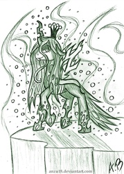 Size: 1646x2302 | Tagged: dead source, safe, artist:rossmaniteanzu, queen chrysalis, changeling, changeling queen, g4, female, magic, sketch, smiling, solo, traditional art