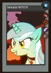 Size: 295x426 | Tagged: safe, artist:yudhaikeledai, part of a set, lyra heartstrings, g4, animated, card, demon witch, dota 2, female, looking at you, part of a series, ponified dota 2 cards, solo