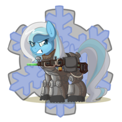 Size: 500x500 | Tagged: safe, artist:pippy, oc, oc only, oc:wintermute, earth pony, pony, fallout equestria, armor, battle saddle, cutie mark background, energy weapon, fanfic, fanfic art, female, gritted teeth, grumpy, gun, hooves, magical energy weapon, mare, power armor, rifle, scowl, simple background, solo, steel ranger, transparent background, weapon