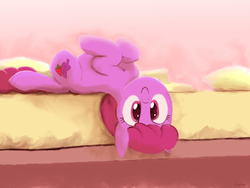 Size: 1200x900 | Tagged: safe, artist:themightycoolblender, berry punch, berryshine, earth pony, pony, g4, bed, berrybetes, cute, female, mare, on back, solo, upside down