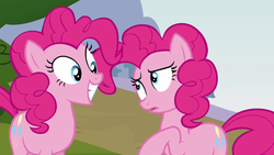 Size: 640x360 | Tagged: safe, screencap, pinkie pie, earth pony, pony, g4, too many pinkie pies, clone, cropped, duo, female, mare, multeity, pinkie clone, smiling, too much pink energy is dangerous