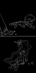 Size: 600x1200 | Tagged: safe, artist:hudoyjnik, king sombra, princess luna, alicorn, pony, unicorn, g4, black background, floppy ears, injured, looking at each other, lying, negative drawing, neon, reverse value, royal cape, simple background, sombra's cutie mark, sombra's robe