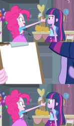 Size: 413x700 | Tagged: safe, edit, edited screencap, screencap, pinkie pie, twilight sparkle, equestria girls, g4, my little pony equestria girls, clipboard, comic, duo, exploitable, insert picture here, meme, pinkie's clipboard, screencap comic, template