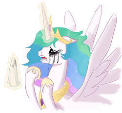 Size: 1280x1185 | Tagged: safe, artist:king-kakapo, princess celestia, alicorn, pony, g4, crying, female, floppy ears, handkerchief, magic, mascara, open mouth, running makeup, sad, snot, solo, spread wings, telekinesis