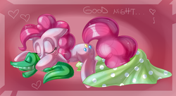 Size: 2000x1088 | Tagged: safe, artist:anthocat, gummy, pinkie pie, g4, sleeping