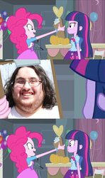 Size: 413x700 | Tagged: safe, edit, edited screencap, screencap, pinkie pie, twilight sparkle, equestria girls, g4, my little pony equestria girls, brony of happiness, clipboard, comic, duo, inverted mouth, pinkie's clipboard, screencap comic