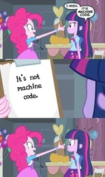 Size: 413x700 | Tagged: safe, edit, edited screencap, screencap, pinkie pie, twilight sparkle, equestria girls, g4, my little pony equestria girls, clipboard, comic, duo, final carcer image, frown, lidded eyes, machine code, meme, open mouth, pinkie's clipboard, screencap comic, smiling, surprised, wide eyes