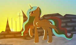 Size: 1024x606 | Tagged: safe, artist:melindaington, princess celestia, g4, female, magic, solo, sunrise