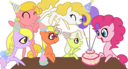 Size: 1300x700 | Tagged: safe, artist:otterlore, baby frosting, party time, pinkie pie, surprise, yum yum, earth pony, flutter pony, pegasus, pony, twinkle eyed pony, unicorn, g1, g4, adoraprise, balloon, best wishes (g1), birthday, birthday cake, birthday candles, birthday party, cake, candle, cheerful, cute, diapinkes, diawishes, excited, female, filly, foal, food, frostabetes, g1 to g4, generation leap, happy, hat, mare, party, party hat, party horn, partybetes, simple background, table, transparent background, yumyumabetes