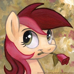 Size: 509x508 | Tagged: safe, artist:kenket, artist:spainfischer, roseluck, pony, g4, female, mouth hold, rose, solo, traditional art