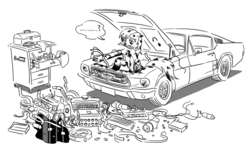 Size: 1000x604 | Tagged: safe, artist:king-kakapo, derpy hooves, pegasus, pony, g4, car, female, ford, home improvement, i just don't know what went wrong, mare, mechanic, monochrome, mustang
