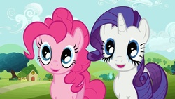 Size: 1280x720 | Tagged: safe, edit, edited screencap, screencap, pinkie pie, rarity, earth pony, pony, unicorn, g4, duo, inverted eyes, inverted mouth, wat