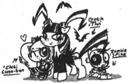 Size: 308x199 | Tagged: safe, artist:kainsword17, princess luna, spike, twilight sparkle, pony, zombie, ask-gothtwi, g4, chibi, kainsword17, monochrome, woona