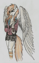 Size: 947x1506 | Tagged: safe, artist:mach-volt, oc, oc only, oc:blazing gear, pegasus, anthro, anthro oc, clothes, jacket, socks, solo, striped socks, traditional art, tumblr