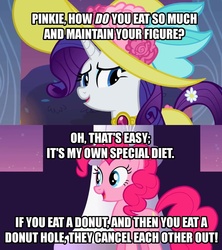 Size: 1136x1280 | Tagged: safe, edit, edited screencap, screencap, pinkie pie, rarity, g4, sweet and elite, clothes, comic, diet, dress, duo, hat, image macro, meme, pinkie logic, screencap comic