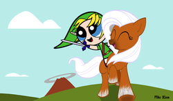Size: 800x470 | Tagged: safe, artist:mikethemike, earth pony, pony, bubbles (powerpuff girls), crossover, cute, epona, eponadorable, epony, female, hyrule field, link, mare, ponified, style emulation, the legend of zelda, the powerpuff girls
