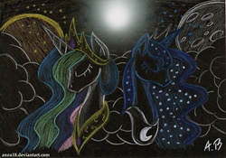 Size: 2338x1636 | Tagged: safe, artist:rossmaniteanzu, princess celestia, princess luna, alicorn, pony, g4, dark, day, moon, night, sun, traditional art