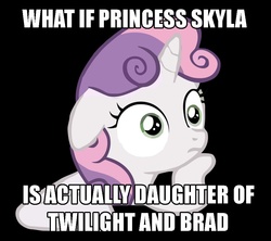 Size: 949x841 | Tagged: safe, edit, edited screencap, screencap, flash sentry, princess skyla, sweetie belle, twilight sparkle, equestria girls, g4, ponyville confidential, black background, brad, female, meme, simple background, solo, sudden clarity sweetie belle