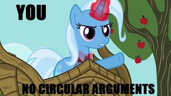 Size: 1280x720 | Tagged: safe, edit, edited screencap, screencap, trixie, g4, magic duel, apple tree, chariot, logic, tree, wheels trixie