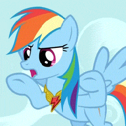 Size: 256x256 | Tagged: safe, rainbow dash, g4, air quotes, animated, element of loyalty, female, flying, implying, reaction image, solo